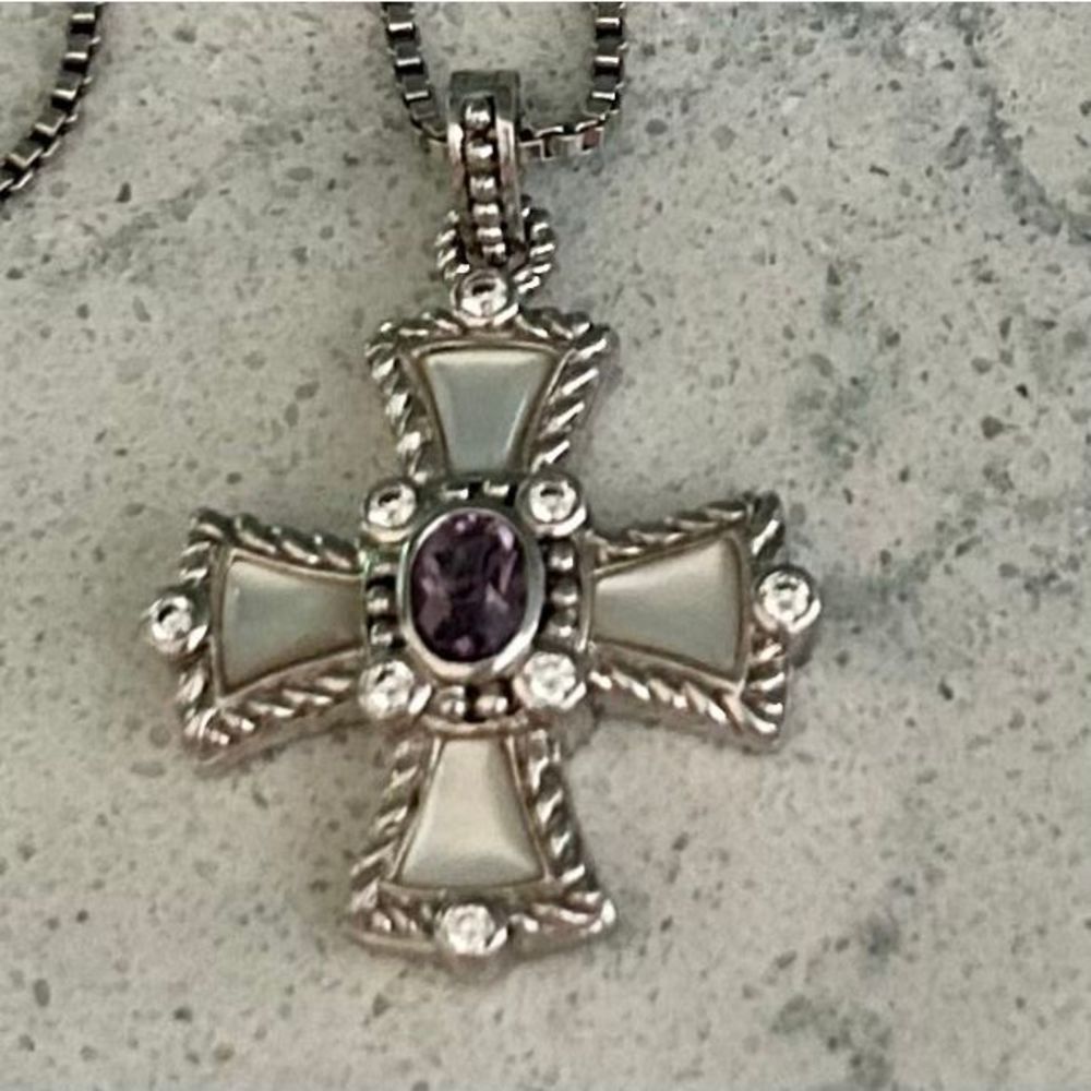 Judith Ripka Silver Cross Pendant with Mother-of-Pearl and Purple Stone - Picture 3 of 9